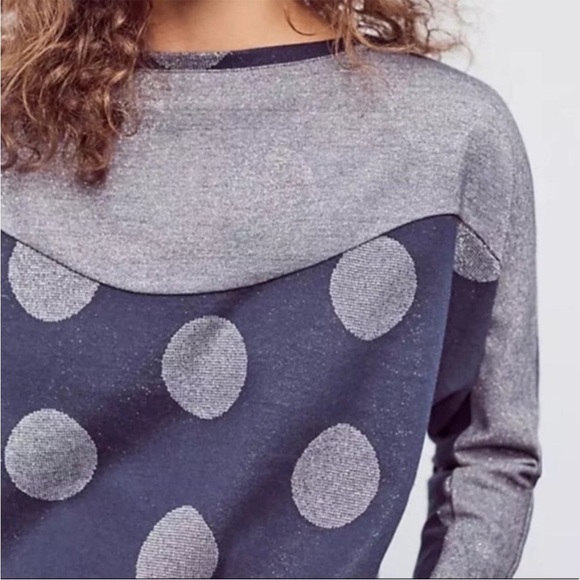 Anthropologie Postmark Polka Dot Blue Metallic Cropped Pullover Dolman Sweater L - Picture 3 of 12